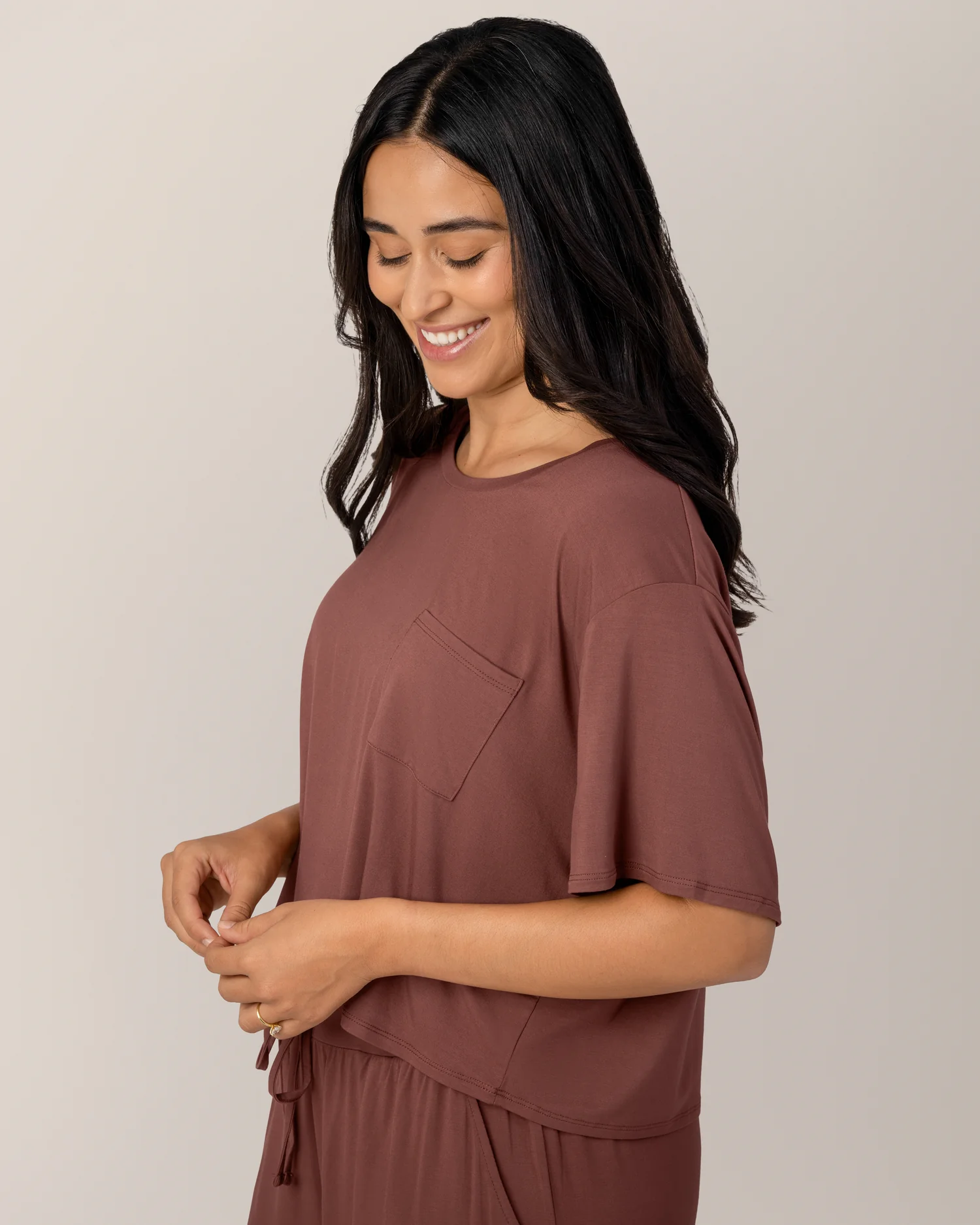 Aria Bamboo Casual Cropped Short Sleeve Top | Redwood - Image 2