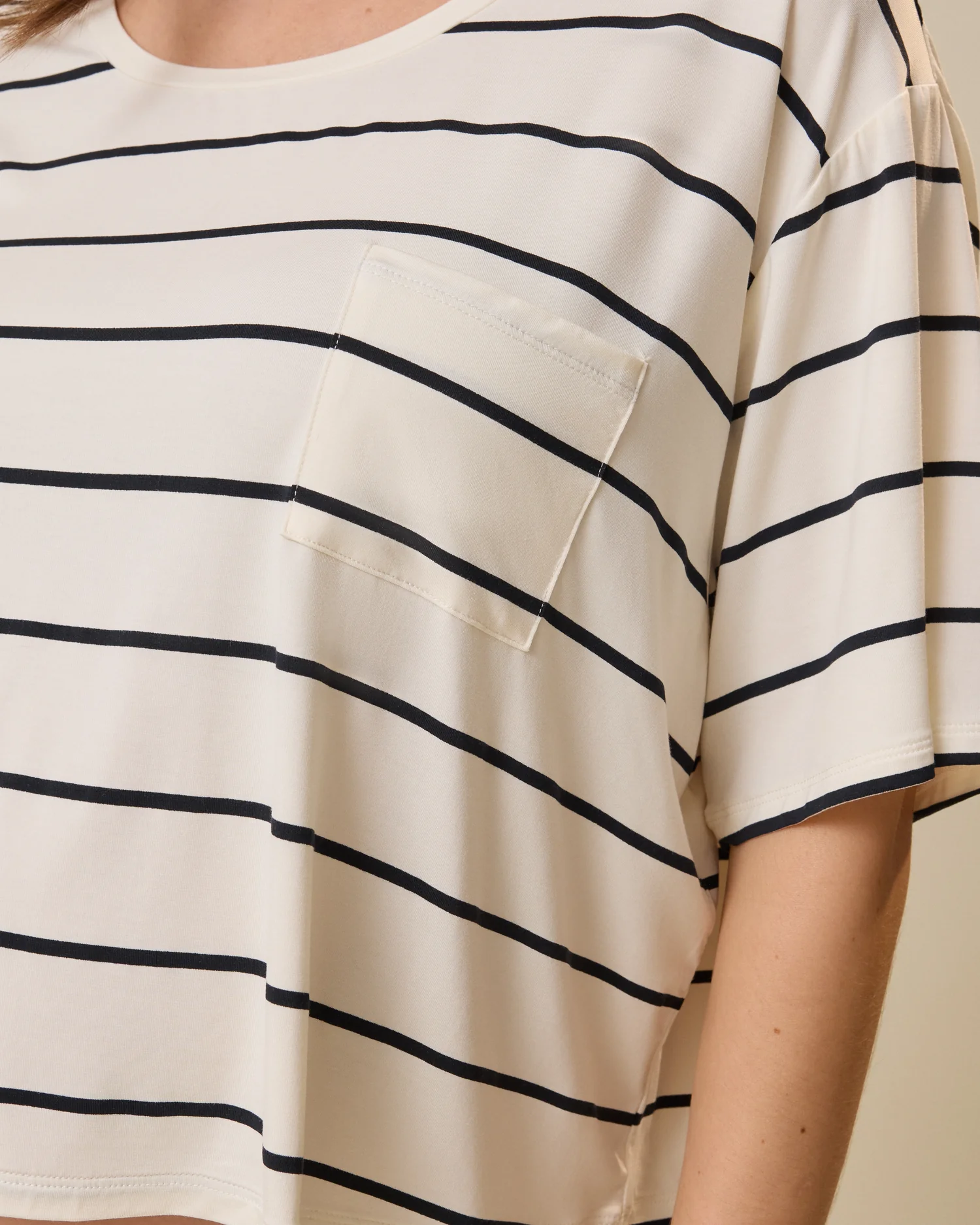Aria Bamboo Casual Cropped Short Sleeve Top | White & Black Stripe - Image 2