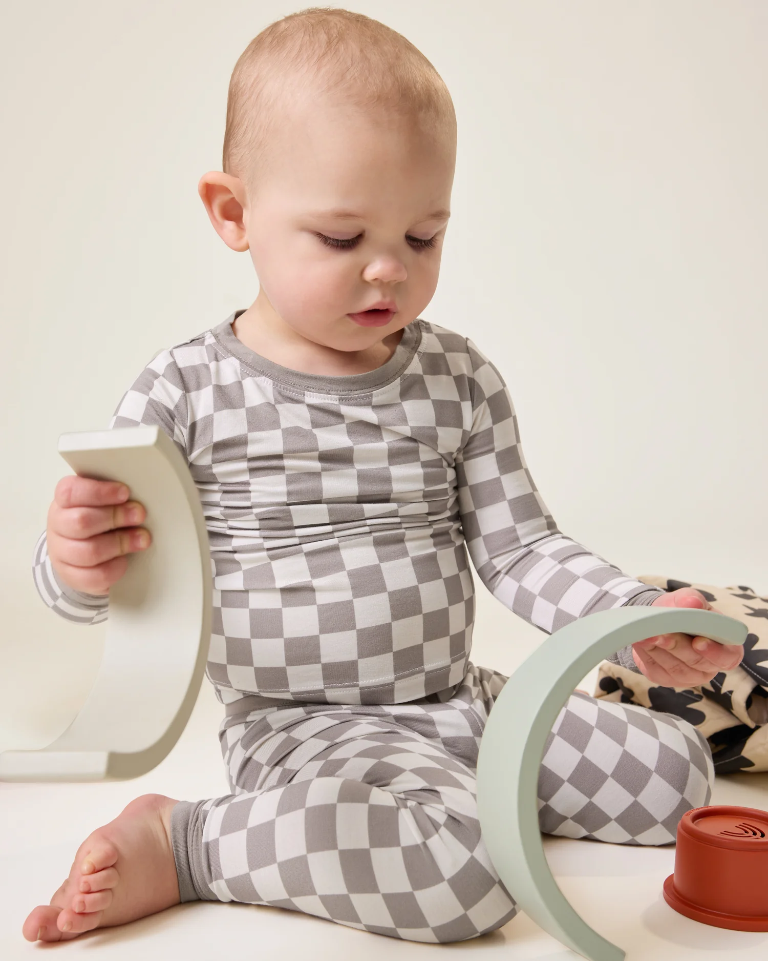 Bamboo Baby Two-Piece Pajama Set | Taupe Checker - Image 2