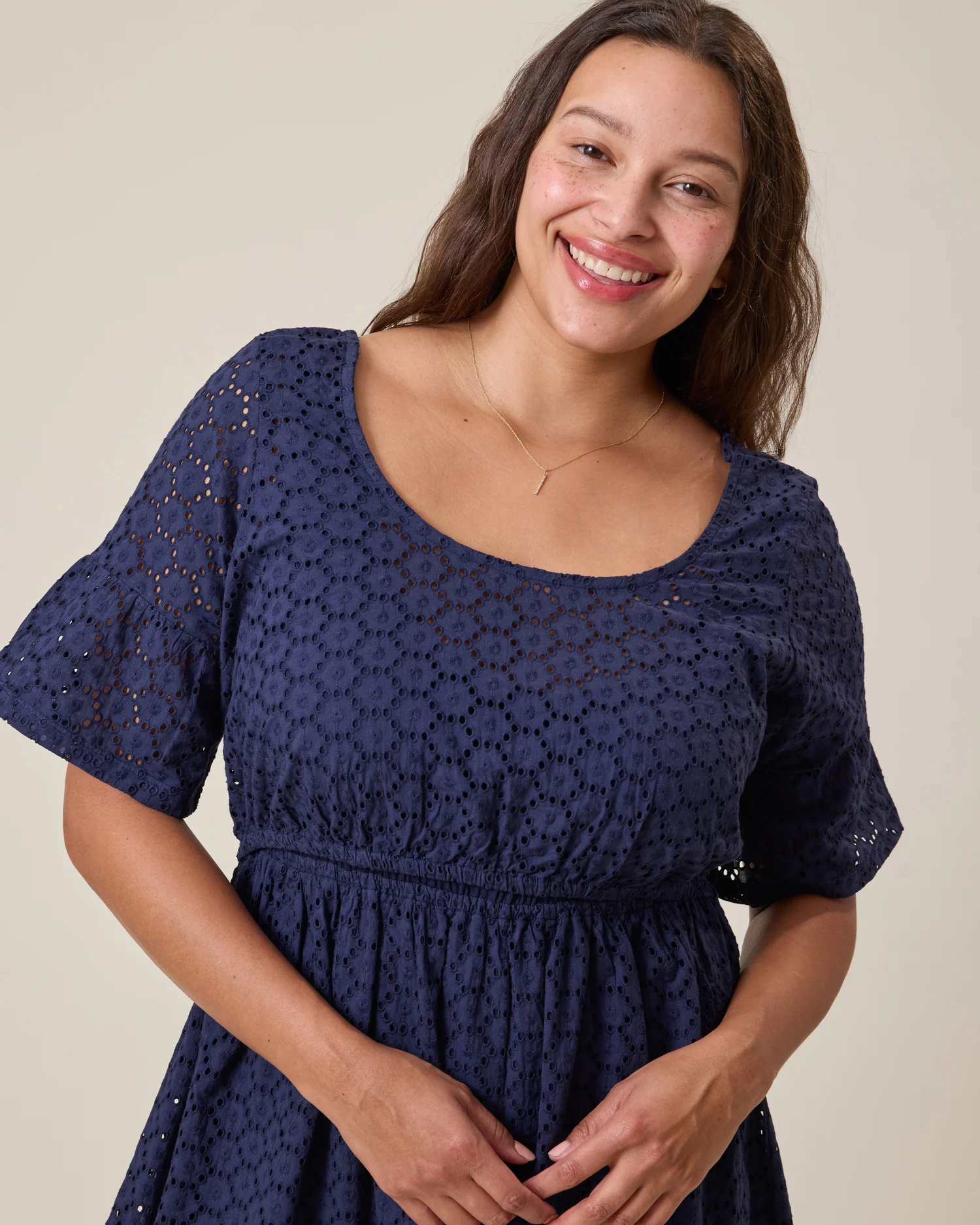 Dahlia Eyelet Maternity & Nursing Dress | Navy - Image 3
