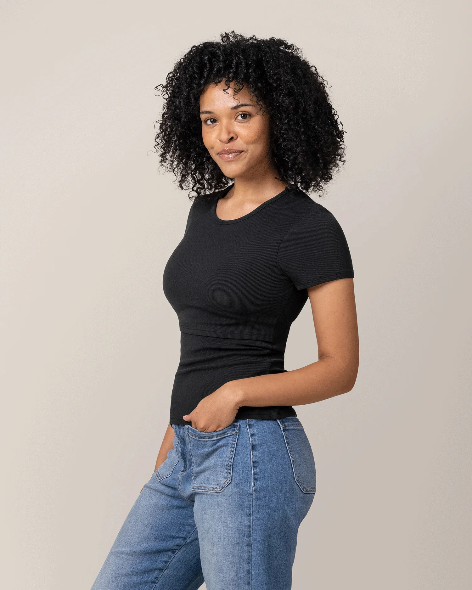 Ribbed Bamboo Crew Neck Nursing T-shirt | Black